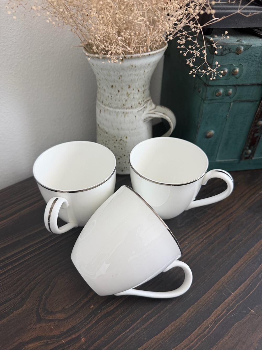Lenox Continental Dining Platinum Teacups with Silver Rim - Set of 3